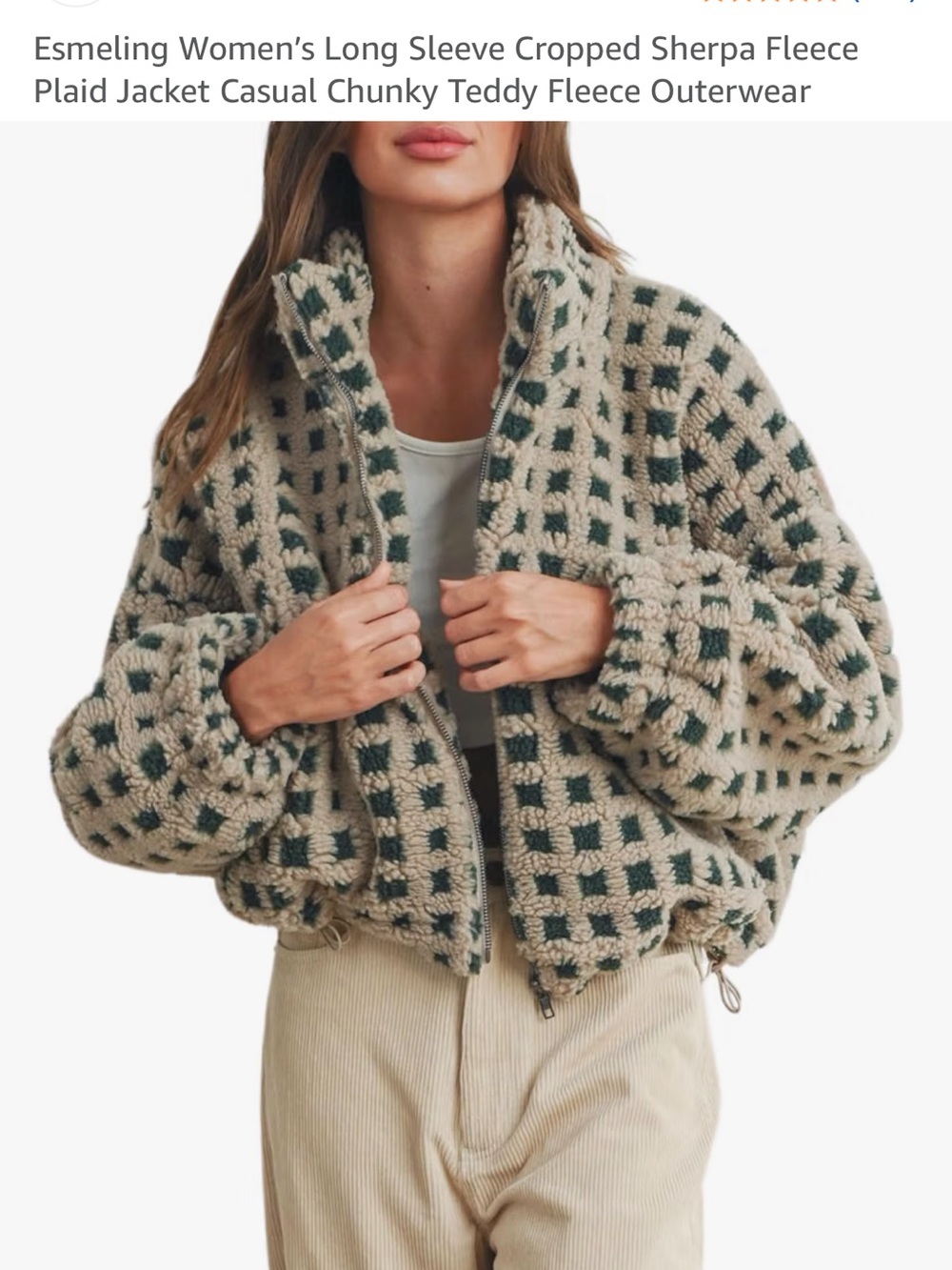 Sherpa Teddy Plaid Zip-Up Jacket - Beige & Green